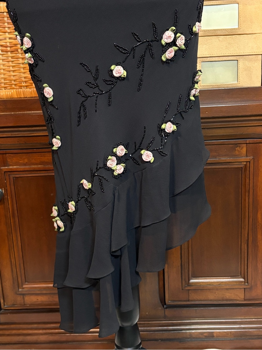 Sue Wong Vintage "Rare" Black Silk Floral Rosette Beaded Dress Size 6 Romantic - Picture 5 of 16